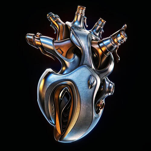 image: a hyper-realistic illustration of a mechanical robotic heart made of metal parts